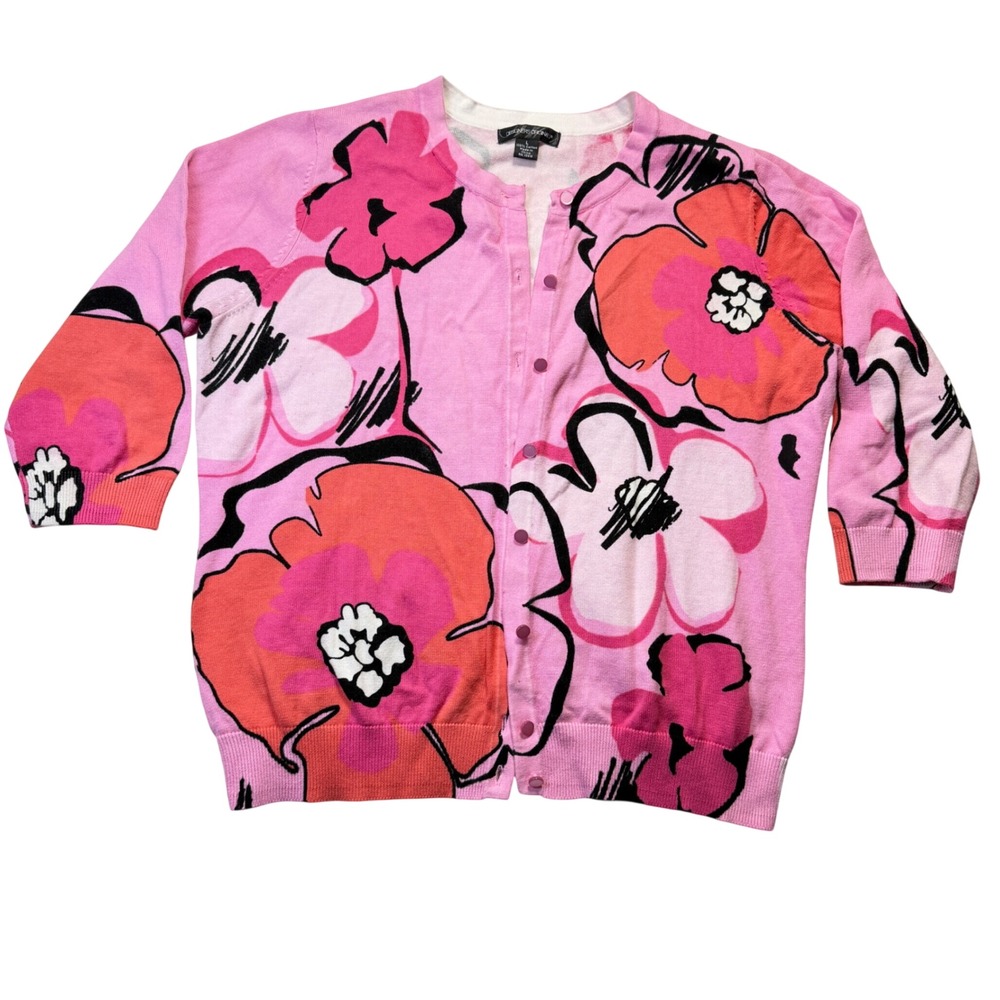 Designers Originals sz L Pink Floral 100% Cotton Cardigan 3/4 Sleeve Buttons‎